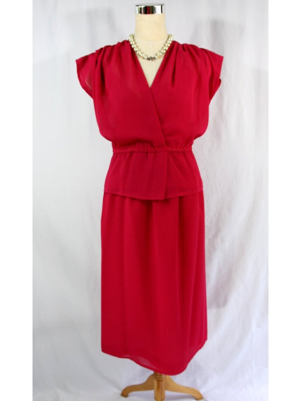 Vintage Three Piece Peplum Surplice Top Cami Camisole Midi Skirt Set S 1980s